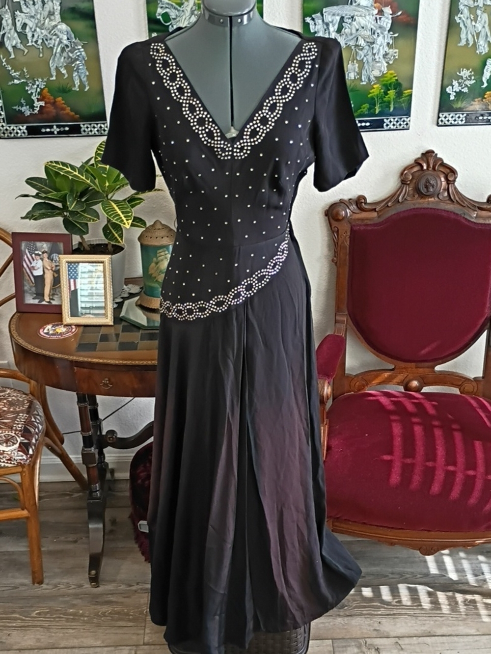 1950s Navy Blue And Silver Crystal Evening Gown Size Extra Small